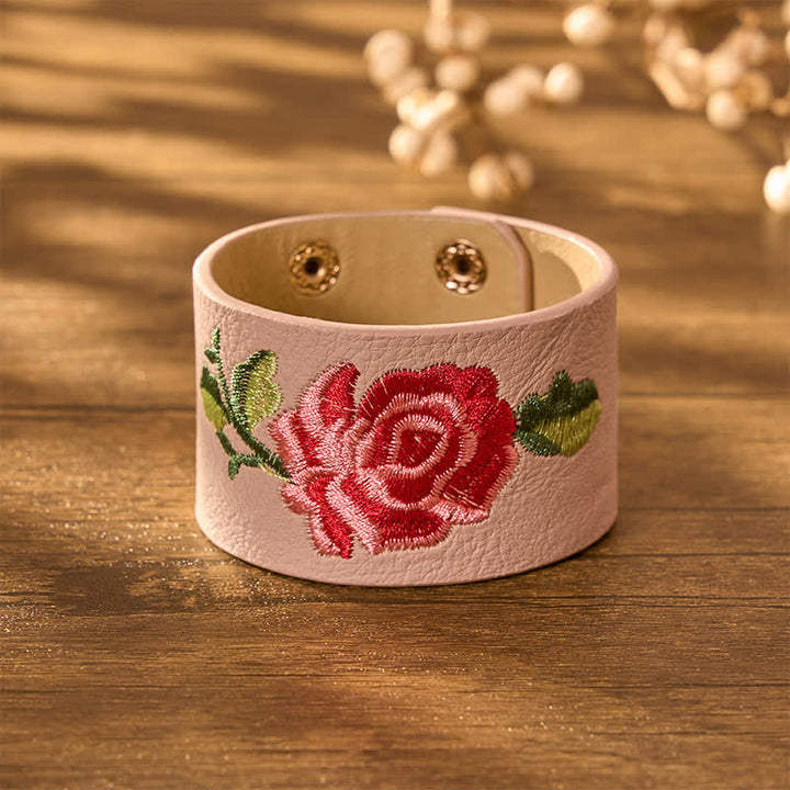 Buddha Stones Bracelet de protection large en cuir brodé de roses - image 8