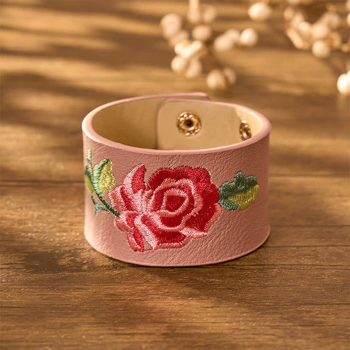 Buddha Stones Bracelet de protection large en cuir brodé de roses - image 15