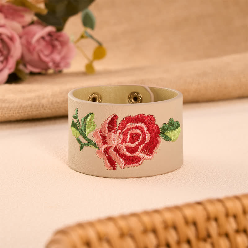 Buddha Stones Bracelet de protection large en cuir brodé de roses - Rose beige (Tour de poignet : env. 15–18 cm) - image 7