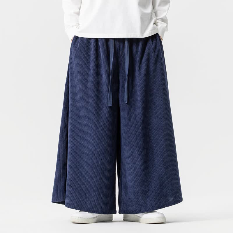 Buddha Stones Pantalon d'automne-hiver simple et classique en velours côtelé uni, coupe cheville, jambes larges, avec poches - Bleu nuit - US/UK/AU46，EU56 (5XL) - image 0