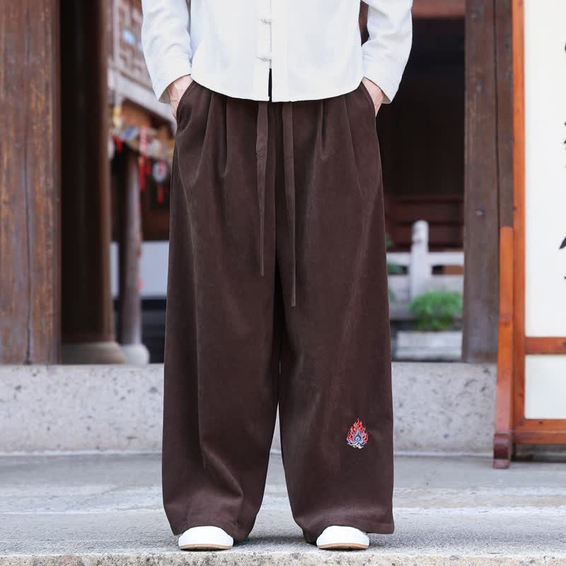 Buddha Stones Pantalon long uni à jambes droites avec poches, style vintage décontracté automne-hiver et cordon de serrage brodé. - SaddleBrown - US/UK/AU46，EU56 (5XL) - image 0