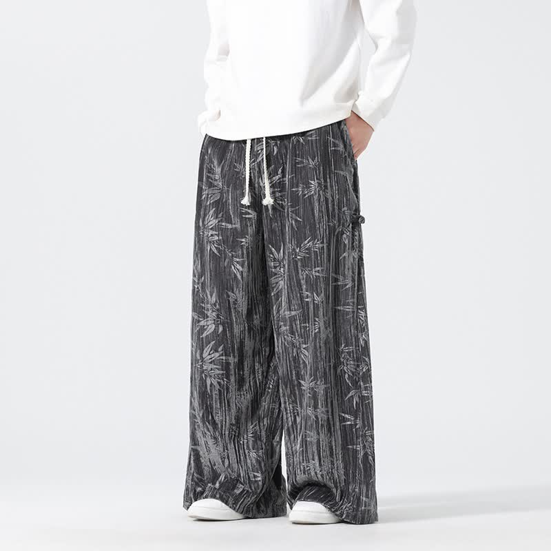 Buddha Stones Pantalon long décontracté style bohème automne-hiver, cordon de serrage, motif bambou abstrait, jambes droites, poches, pour homme - Gris sombre - US/UK/AU44，EU54 (4XL) - image 0