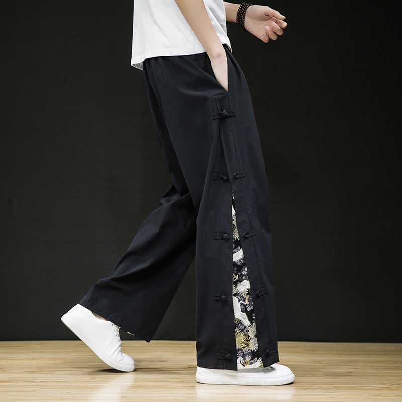 Buddha Stones Pantalon long homme style Tang décontracté printemps-été, fentes latérales, jambes droites et poches - Noir - US/UK/AU46，EU56 (5XL) - image 0