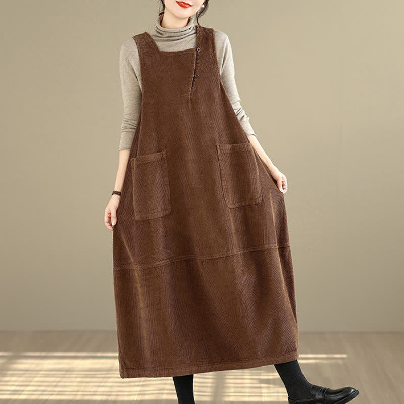 Buddha Stones Robe d'hiver vintage unie à col rond sans manches et poches pour femme, style automne-hiver - SaddleBrown - US8-10，UK/AU12-14，EU40-42 (2XL) - image 0