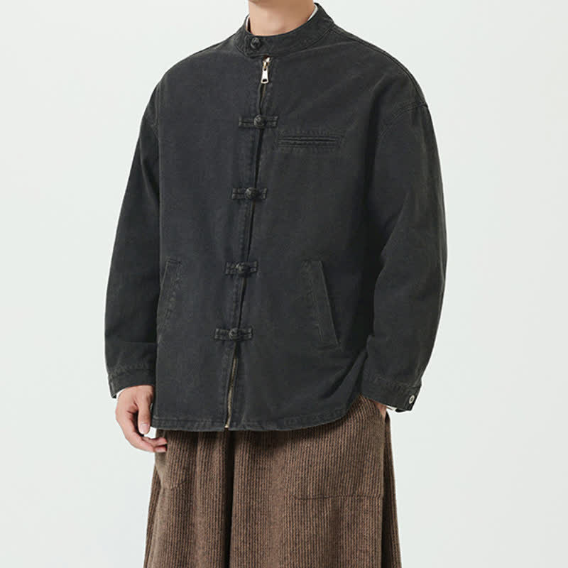 Buddha Stones Veste homme unie avec poches, style vintage décontracté automne-hiver, col mandarin, boutons brandebourg et fermeture éclair. - Noir - US/UK/AU46，EU56 (5XL) - image 0