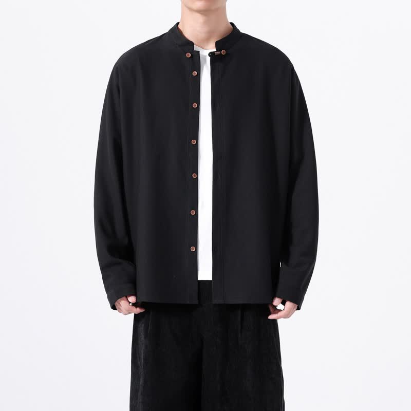 Buddha Stones Chemises à manches longues pour hommes, style Tang, boutonnées, unies, décontractées, printanières - Noir - US/UK/AU46，EU56 (5XL) - image 9