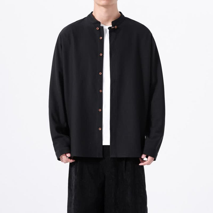 Buddha Stones Chemises à manches longues pour hommes, style Tang, boutonnées, unies, décontractées, printanières - Noir - US/UK/AU46，EU56 (5XL) - image 9
