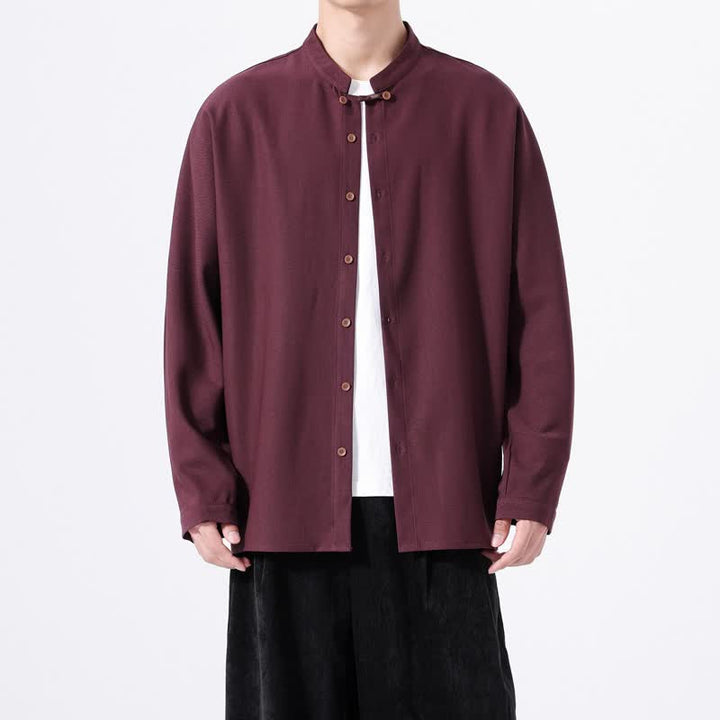 Buddha Stones Chemises à manches longues pour hommes, style Tang, boutonnées, unies, décontractées, printanières - Bordeaux - US/UK/AU46，EU56 (5XL) - image 17