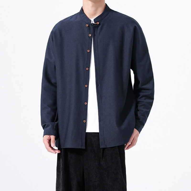 Buddha Stones Chemises à manches longues pour hommes, style Tang, boutonnées, unies, décontractées, printanières - Marine - US/UK/AU46，EU56 (5XL) - image 0