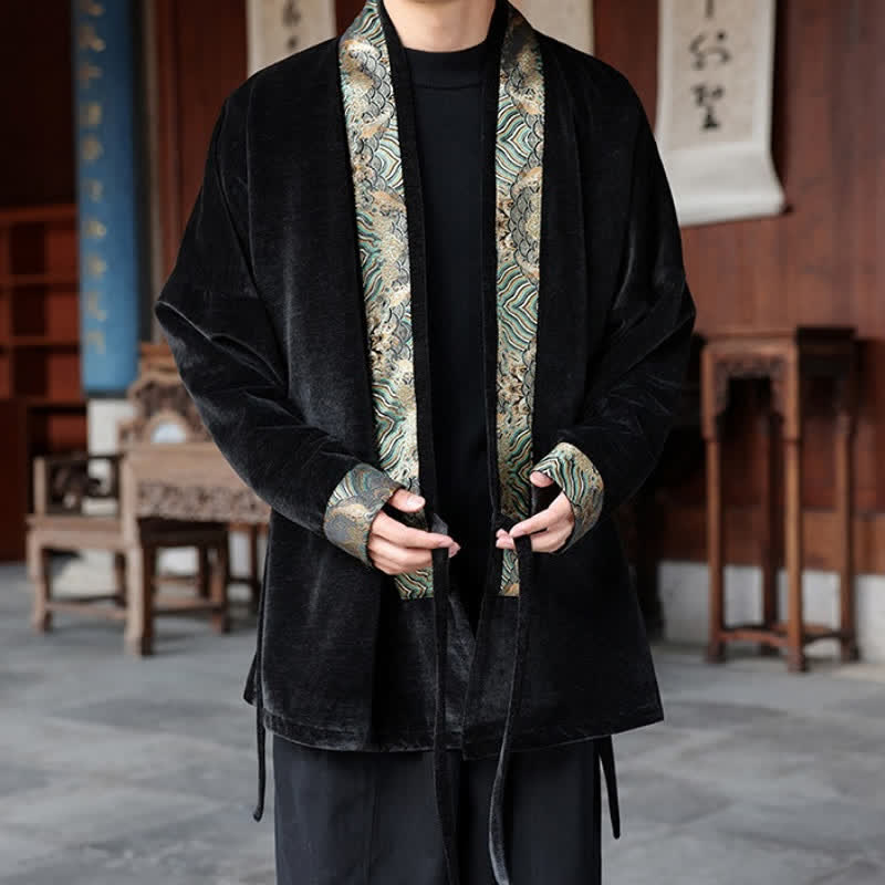 Buddha Stones Kimono homme style Tang automne-hiver vintage à cordon de serrage et bordure ondulée - image 1
