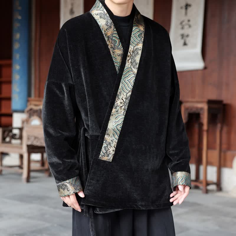 Buddha Stones Kimono homme style Tang automne-hiver vintage à cordon de serrage et bordure ondulée - Noir - US/UK/AU46，EU56 (5XL) - image 0