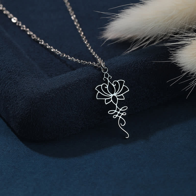 Buddha Stones Collier Lotus creux en acier titane, symbole de protection et de pureté - Argent - image 0