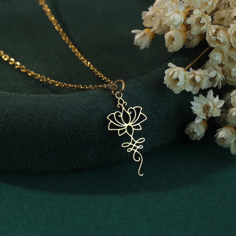 Buddha Stones Collier Lotus creux en acier titane, symbole de protection et de pureté - Or - image 3