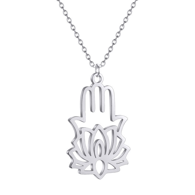 Buddha Stones Collier de protection en acier titane avec lotus et main Hamsa - image 2