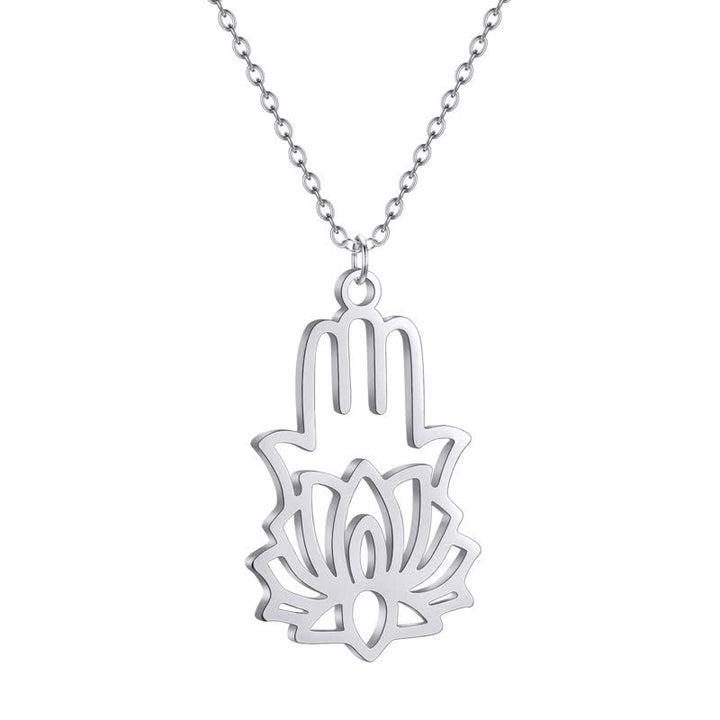 Buddha Stones Collier de protection en acier titane avec lotus et main Hamsa - image 2
