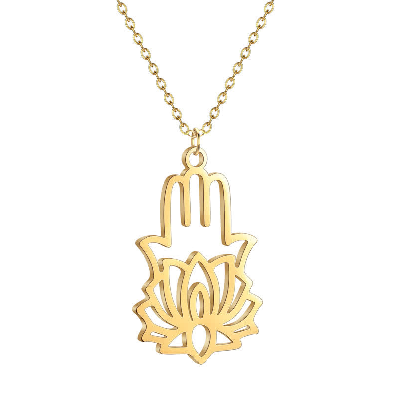 Buddha Stones Collier de protection en acier titane avec lotus et main Hamsa - image 5