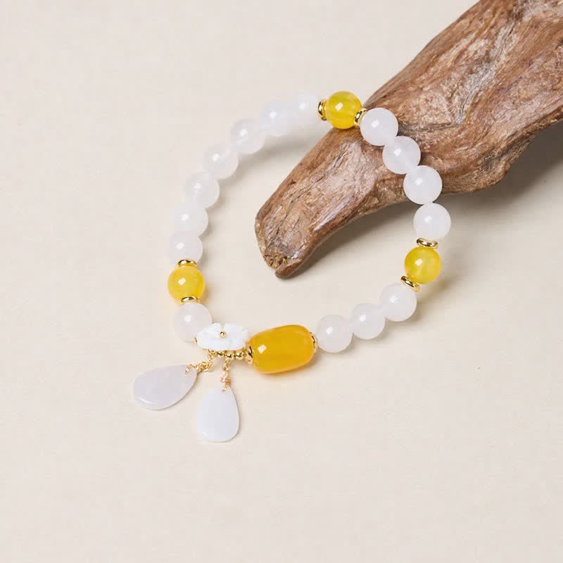 Buddha Stones Bracelet élégant en calcédoine blanche et agate noire avec pendentif floral - Agate jaune (Courage ♥ Bonheur) - image 4