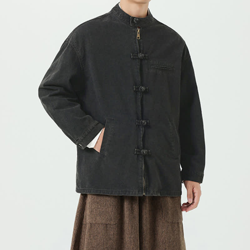 Buddha Stones Veste homme unie avec poches, style vintage décontracté automne-hiver, col mandarin, boutons brandebourg et fermeture éclair. - image 1