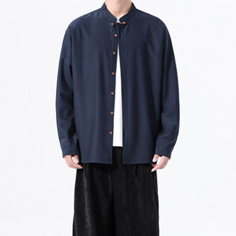 Buddha Stones Chemises à manches longues pour hommes, style Tang, boutonnées, unies, décontractées, printanières - image 8