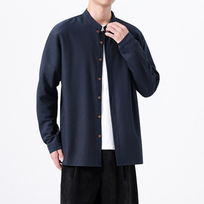 Buddha Stones Chemises à manches longues pour hommes, style Tang, boutonnées, unies, décontractées, printanières - image 1