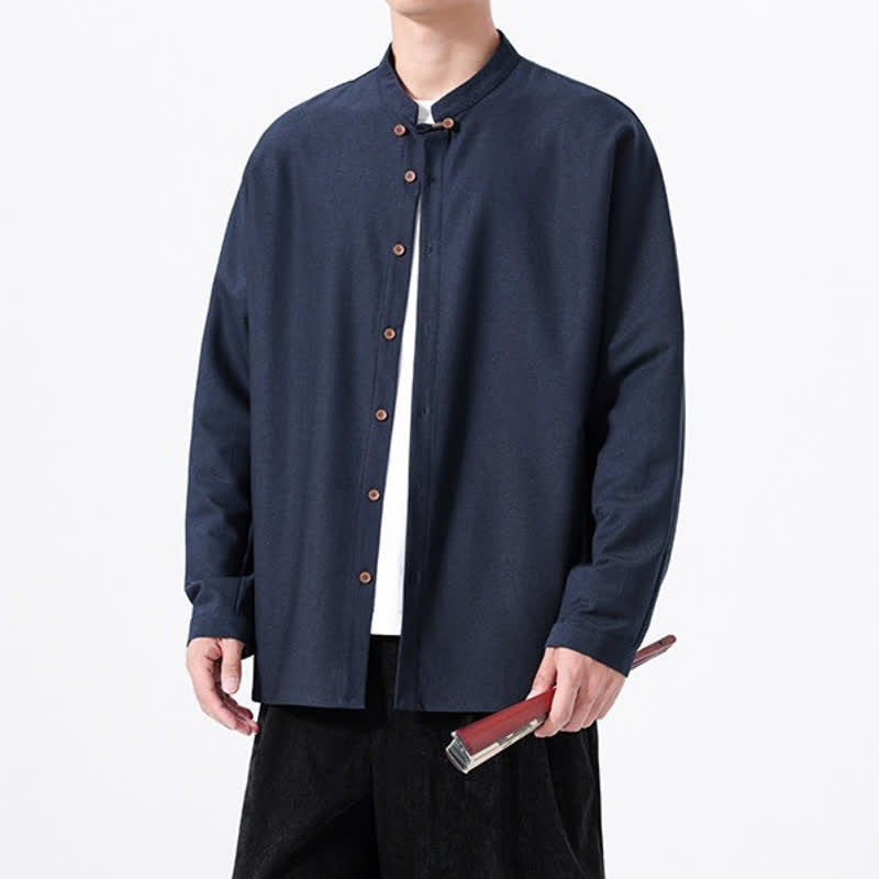 Buddha Stones Chemises à manches longues pour hommes, style Tang, boutonnées, unies, décontractées, printanières - image 2