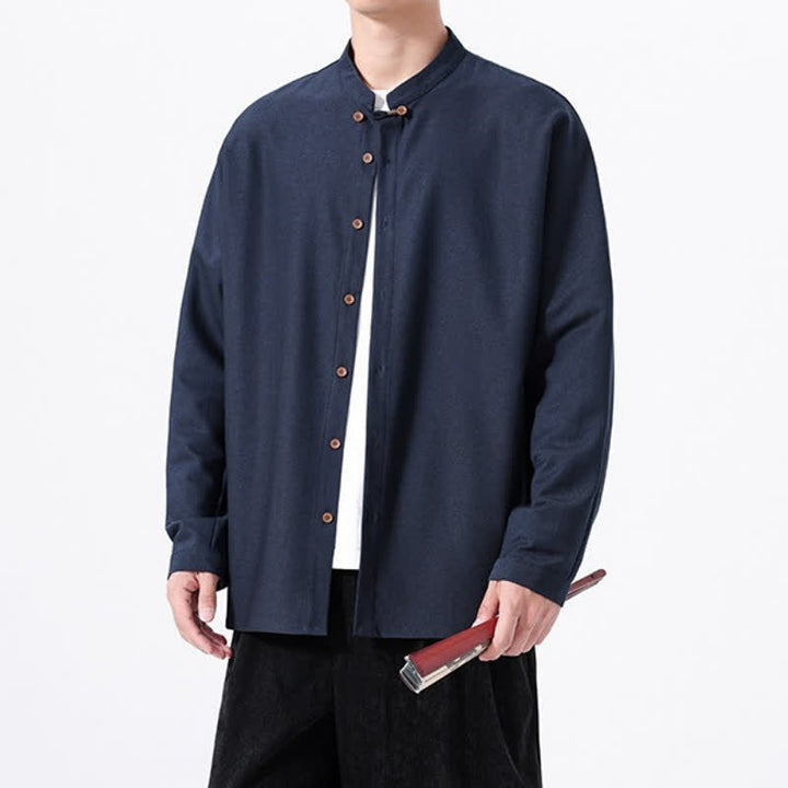 Buddha Stones Chemises à manches longues pour hommes, style Tang, boutonnées, unies, décontractées, printanières - image 2