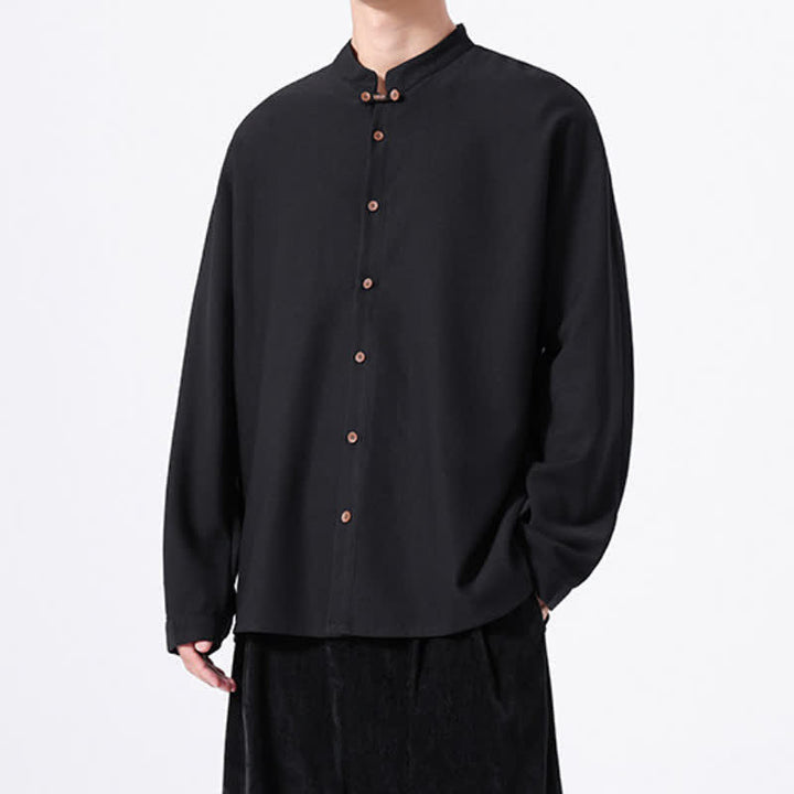 Buddha Stones Chemises à manches longues pour hommes, style Tang, boutonnées, unies, décontractées, printanières - image 11