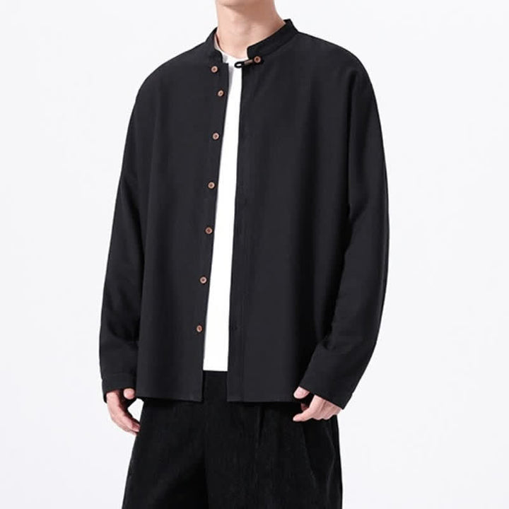 Buddha Stones Chemises à manches longues pour hommes, style Tang, boutonnées, unies, décontractées, printanières - image 10