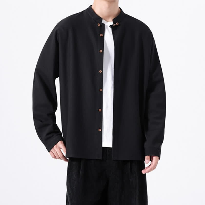 Buddha Stones Chemises à manches longues pour hommes, style Tang, boutonnées, unies, décontractées, printanières - image 12