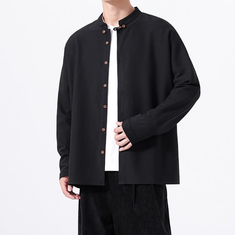 Buddha Stones Chemises à manches longues pour hommes, style Tang, boutonnées, unies, décontractées, printanières - image 13