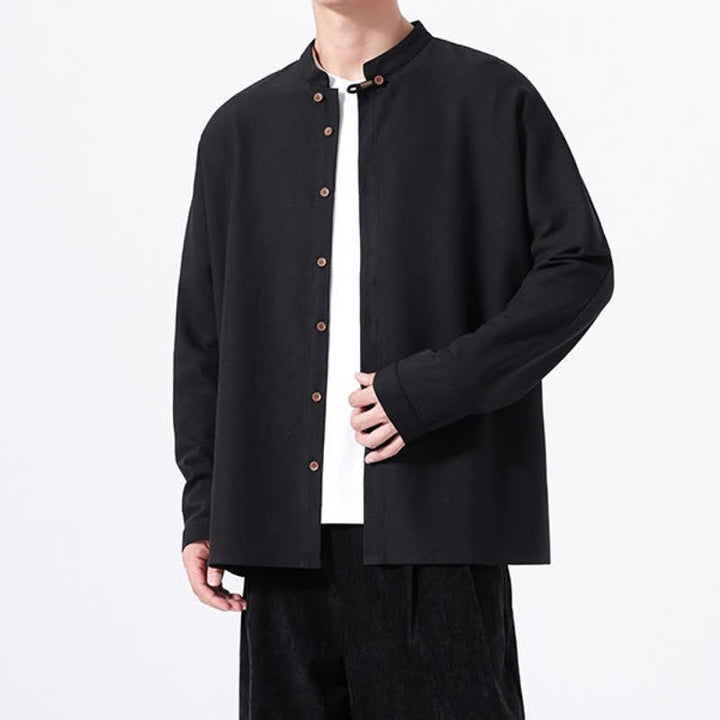 Buddha Stones Chemises à manches longues pour hommes, style Tang, boutonnées, unies, décontractées, printanières - image 13