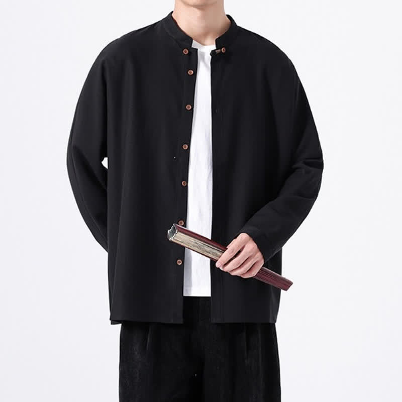 Buddha Stones Chemises à manches longues pour hommes, style Tang, boutonnées, unies, décontractées, printanières - image 16