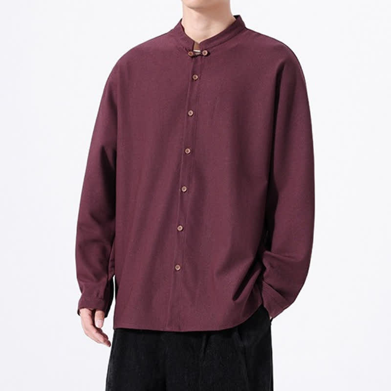 Buddha Stones Chemises à manches longues pour hommes, style Tang, boutonnées, unies, décontractées, printanières - image 19