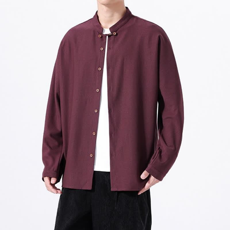 Buddha Stones Chemises à manches longues pour hommes, style Tang, boutonnées, unies, décontractées, printanières - image 23