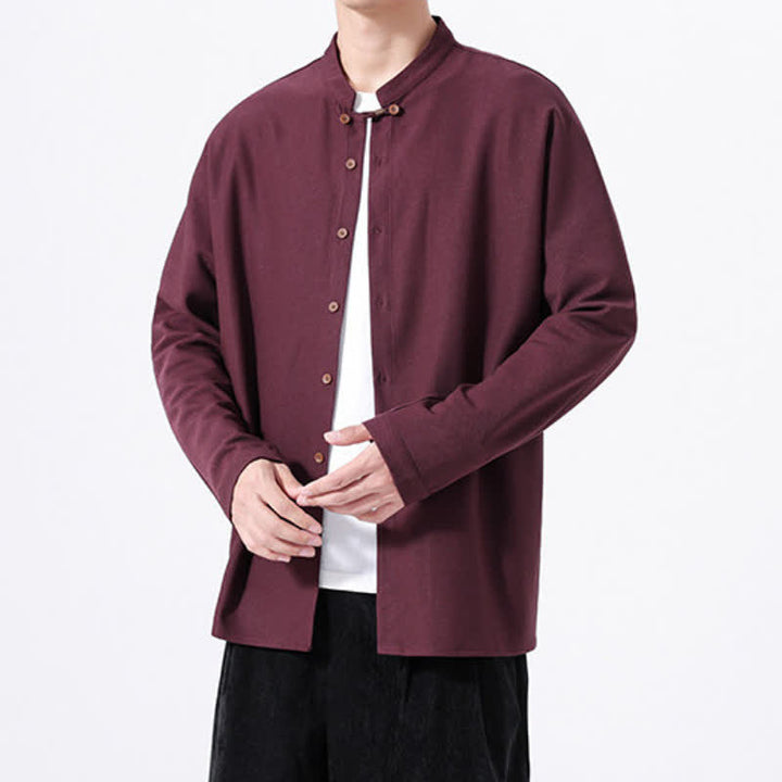 Buddha Stones Chemises à manches longues pour hommes, style Tang, boutonnées, unies, décontractées, printanières - image 18