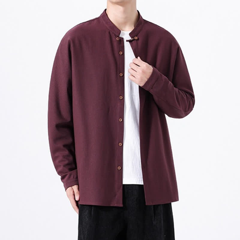 Buddha Stones Chemises à manches longues pour hommes, style Tang, boutonnées, unies, décontractées, printanières - image 21