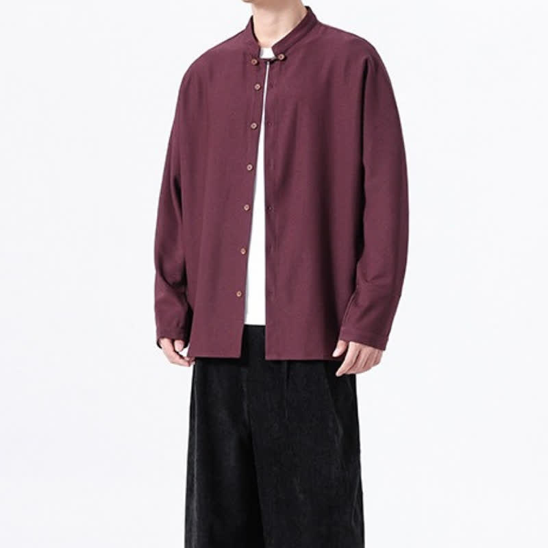Buddha Stones Chemises à manches longues pour hommes, style Tang, boutonnées, unies, décontractées, printanières - image 24