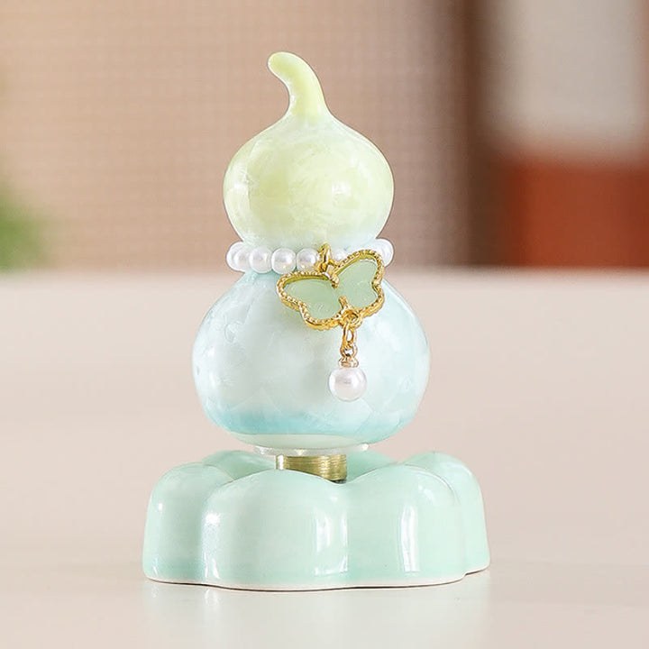 Buddha Stones Gourde papillon en céramique rotative, décoration pour une vie consciente - Jaune courge + Papillon vert clair + Socle vert - image 8