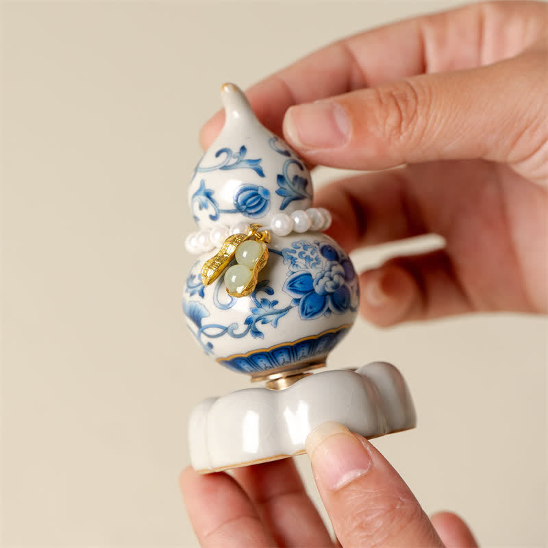 Buddha Stones Gourde rotative en céramique bleue et blanche en forme de lotus, décoration pour un mode de vie conscient - image 3