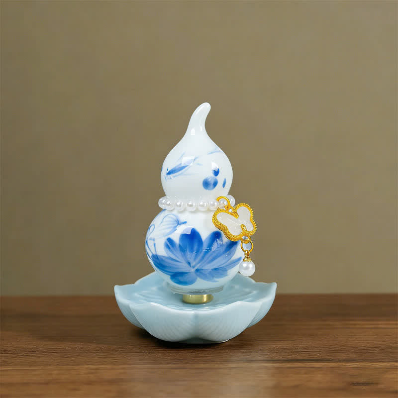 Buddha Stones Gourde en céramique peinte à la main, motif pivoine, symbole de prospérité et de bien-être. - Lotus en porcelaine bleue - Environ 6*8 cm (accessoire aléatoire) - image 0