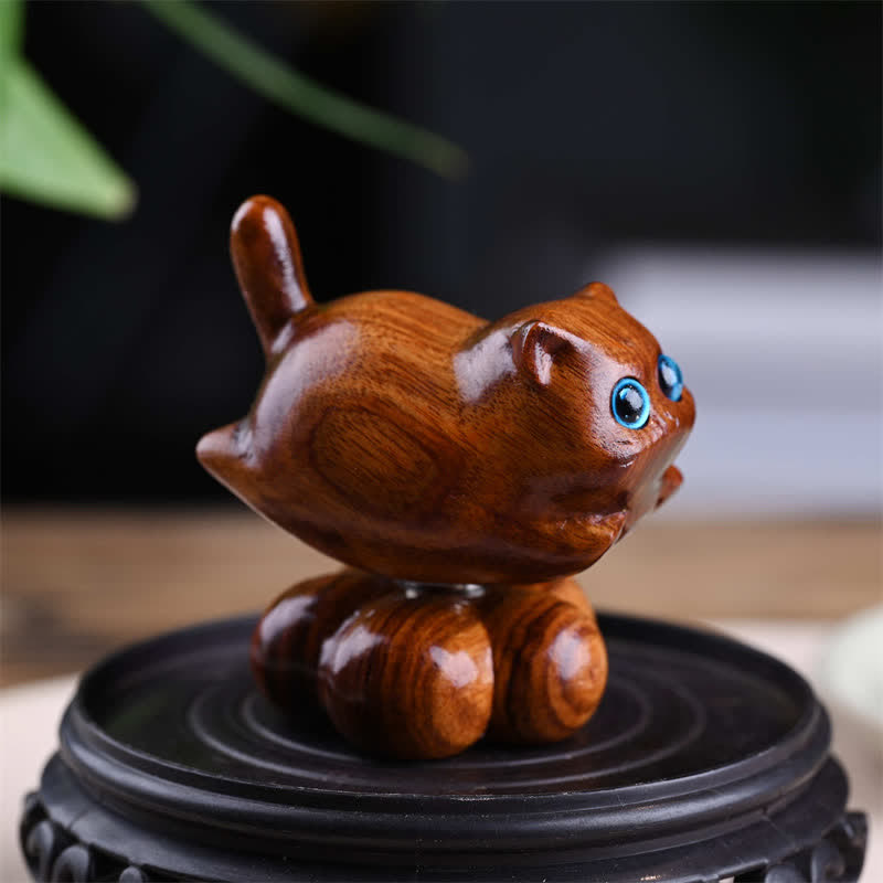 Buddha Stones Théière rotative pour petits chats en bois de santal, décoration mignonne pour animaux de compagnie - Base beige et petite, environ 6 x 4,3 x 5,8 cm - image 4