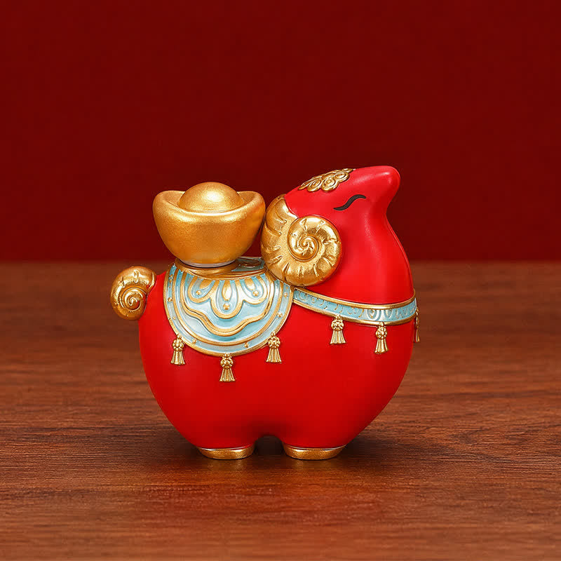 Buddha Stones Figurine porte-bonheur en résine, chèvre et mouton, inspirée du zodiaque chinois. Pièce de monnaie en cuivre, sachet de fortune, décoration animalière mignonne. - Mouton rouge de bon augure - image 1