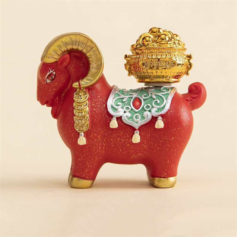 Buddha Stones Chèvre et mouton du zodiaque en résine avec sac porte-bonheur, décoration animale mignonne - Mouton de la prospérité - Rouge - image 1