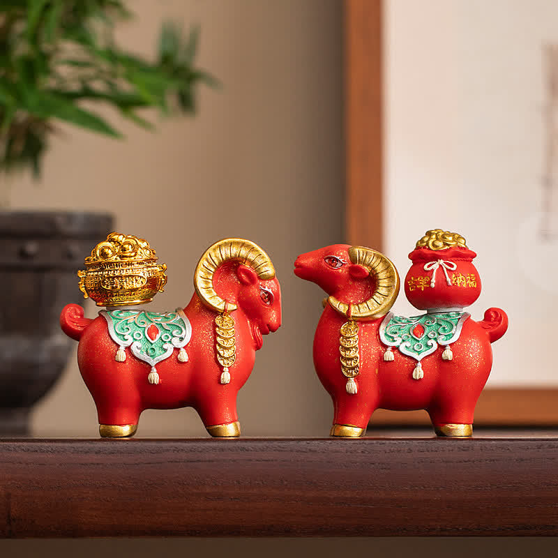 Buddha Stones Chèvre et mouton du zodiaque en résine avec sac porte-bonheur, décoration animale mignonne - image 0