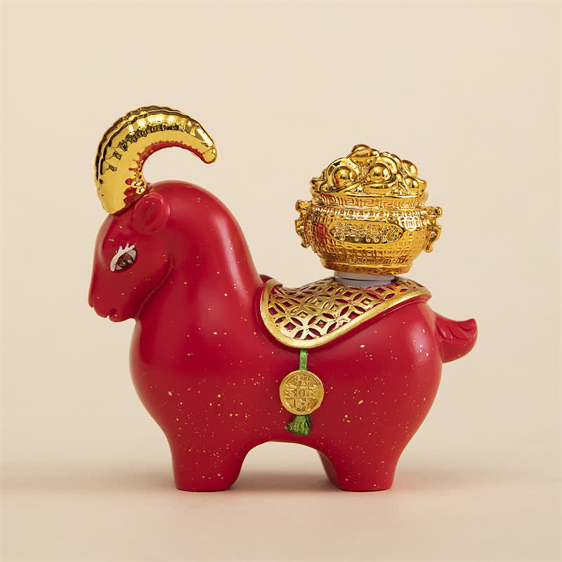 Buddha Stones Gobelet décoratif en résine représentant une chèvre et un mouton du zodiaque, symbole de prospérité. Décoration mignonne pour bureau. - Lingot de chèvre rouge - image 1