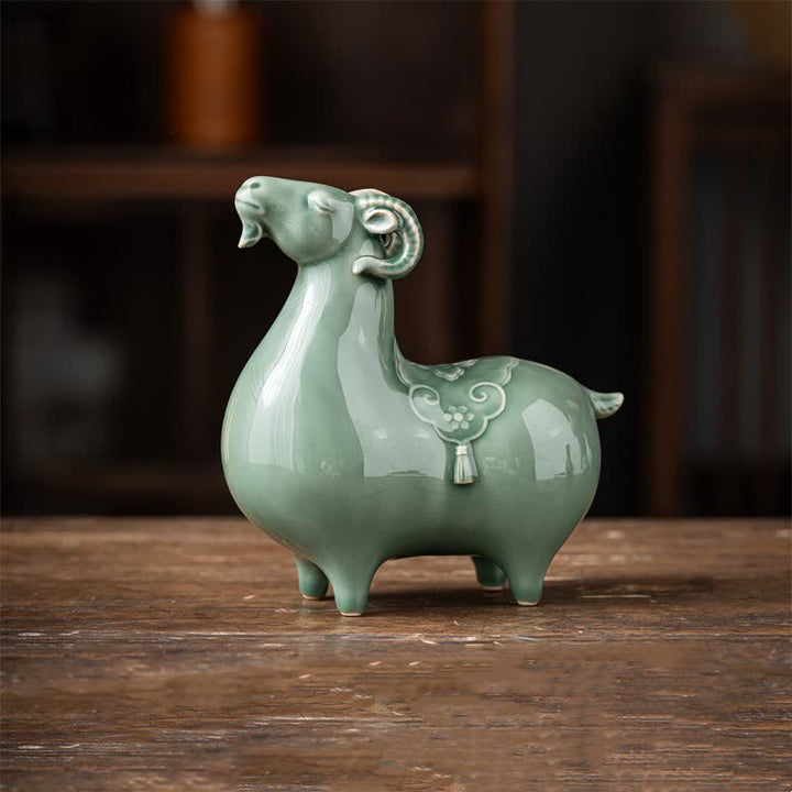 Buddha Stones Chèvre en céramique, symbole de prospérité, adorable décoration animale - Mouton vert moyen, environ 16,5 cm x 8,2 cm x 17 cm - image 15