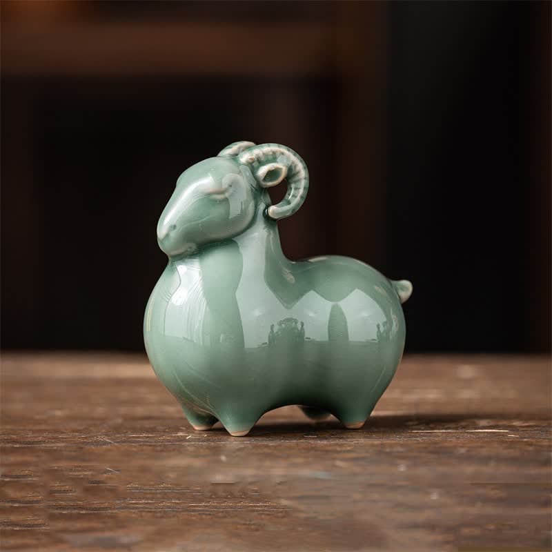 Buddha Stones Chèvre en céramique, symbole de prospérité, adorable décoration animale - Mouton vert - Petit modèle, environ 8,2 cm x 4,8 cm x 8,3 cm - image 13