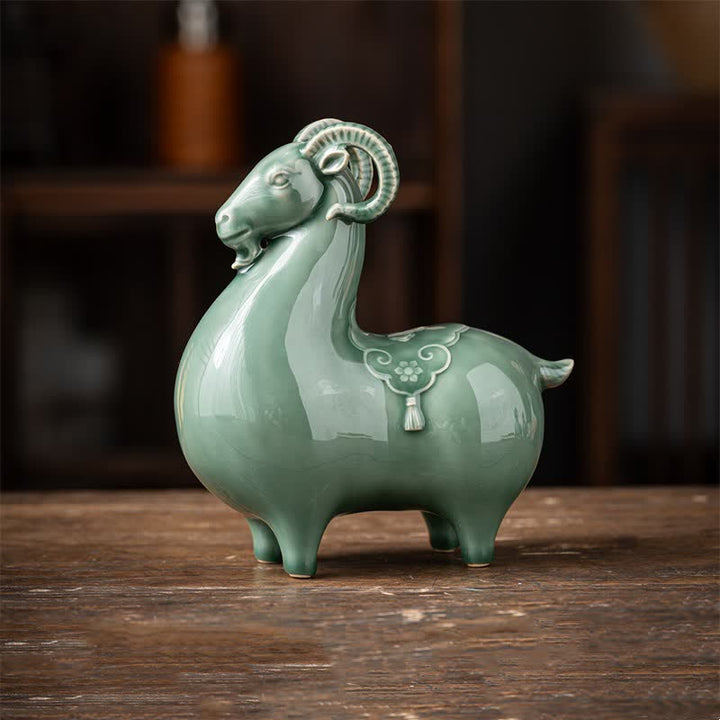 Buddha Stones Chèvre en céramique, symbole de prospérité, adorable décoration animale - Mouton vert de grande taille, environ 18,5 cm x 9,2 cm x 20 cm - image 17