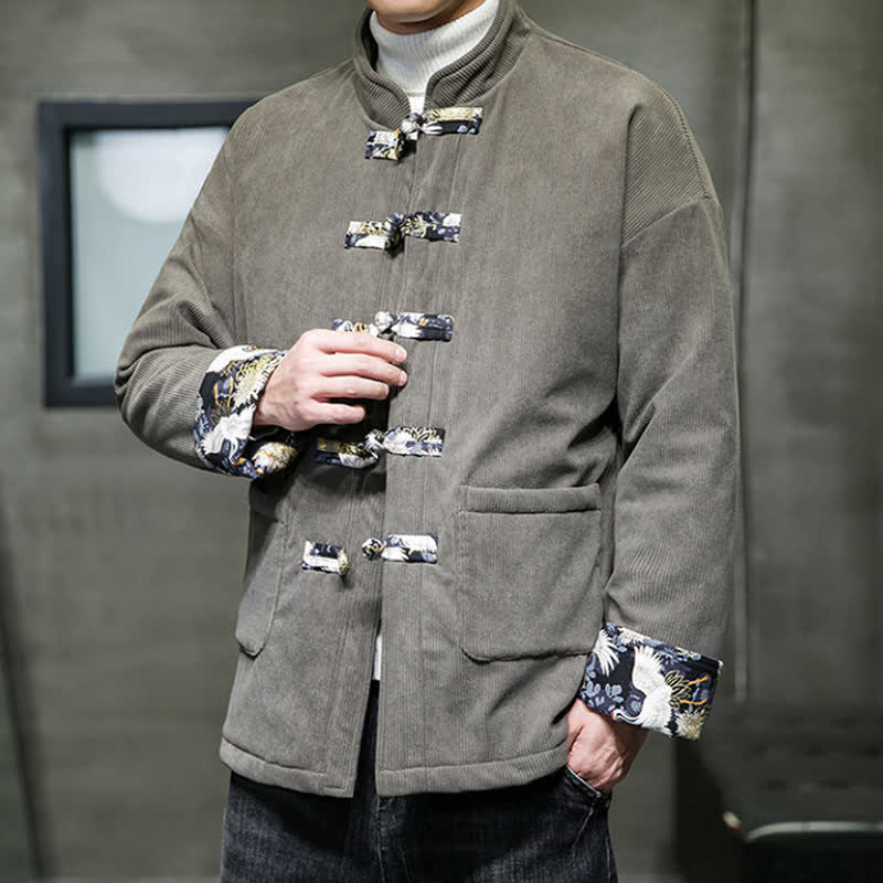 Buddha Stones Veste homme blanche unie à col mandarin, style Tang, style décontracté automne-hiver, avec poches - image 1