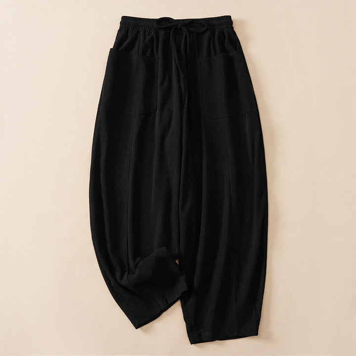 Buddha Stones Pantalon harem uni court à cordon de serrage, style automne-hiver, avec poches - Noir - US14, UK/AU18, EU46 (2XL) - image 7